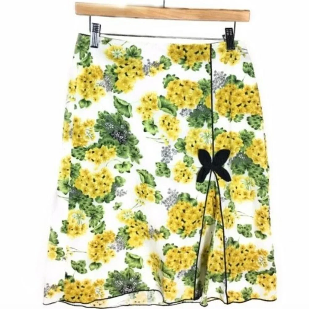 Speechless Retro Yellow Floral A-Line Skirt M Bow VLV Pin-Up Twee Coquette Knee